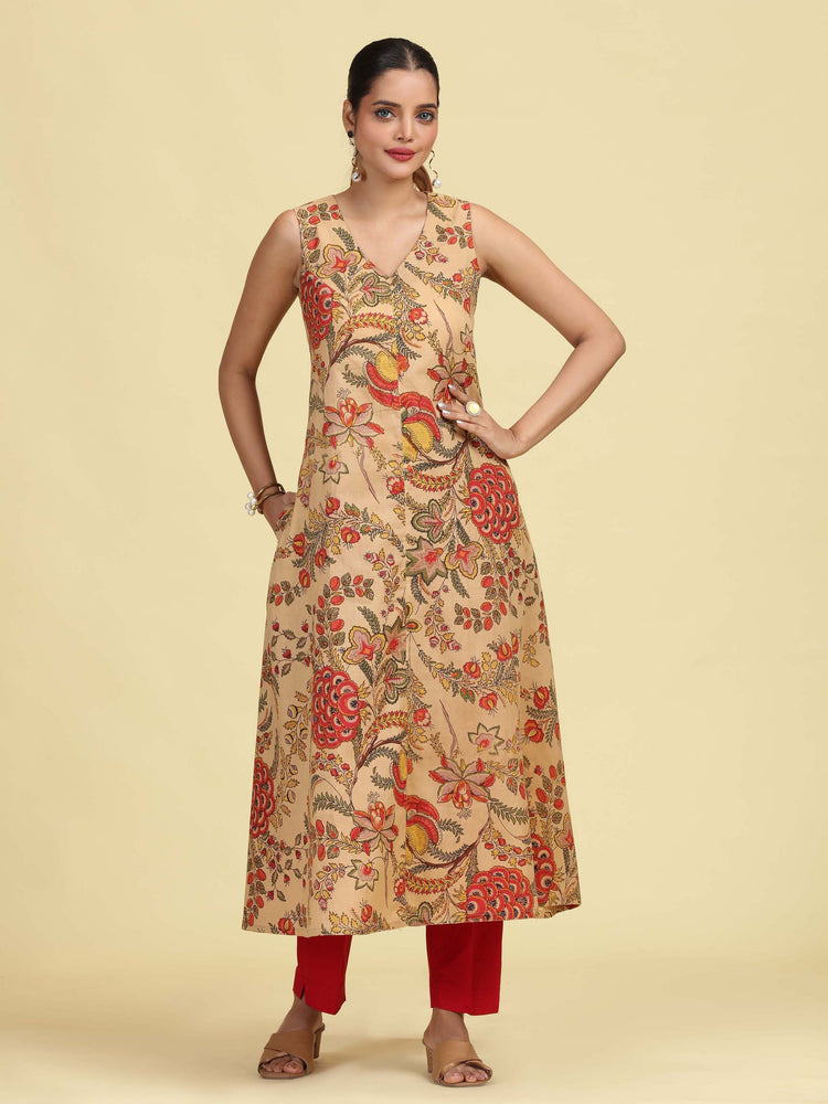Beige Floral Printed Sleeveless Cotton Kurta