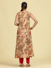 Beige Floral Printed Sleeveless Cotton Kurta