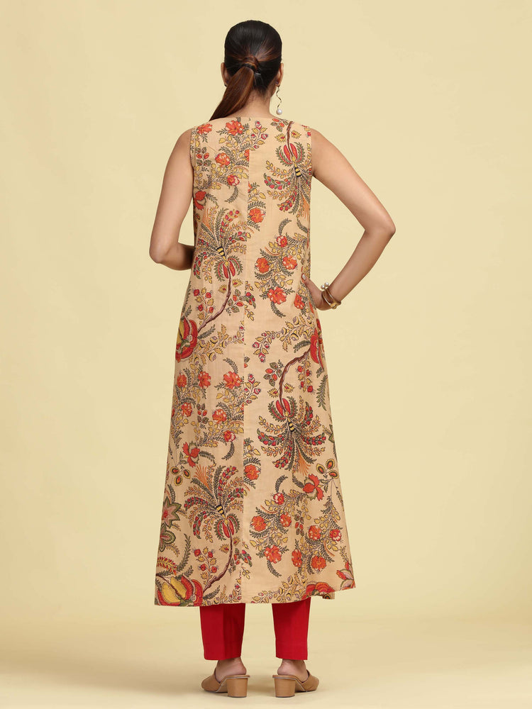 Beige Floral Printed Sleeveless Cotton Kurta