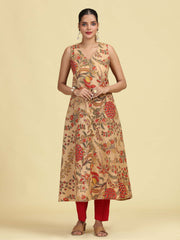 Beige Floral Printed Sleeveless Cotton Kurta