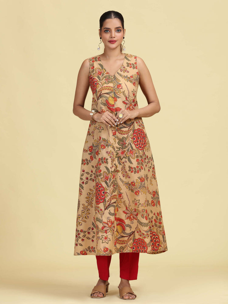 Beige Floral Printed Sleeveless Cotton Kurta