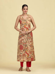 Beige Floral Printed Sleeveless Cotton Kurta