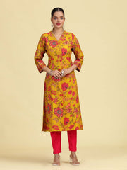 Mustard A-Line Floral Printed Cotton Kurta with Embroidered Sleeve Cuffs