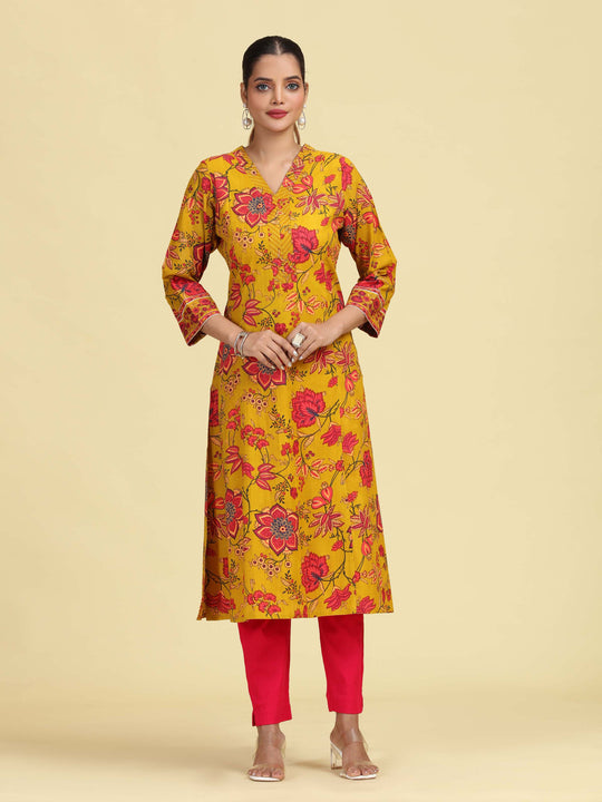 Mustard A-Line Floral Printed Cotton Kurta with Embroidered Sleeve Cuffs