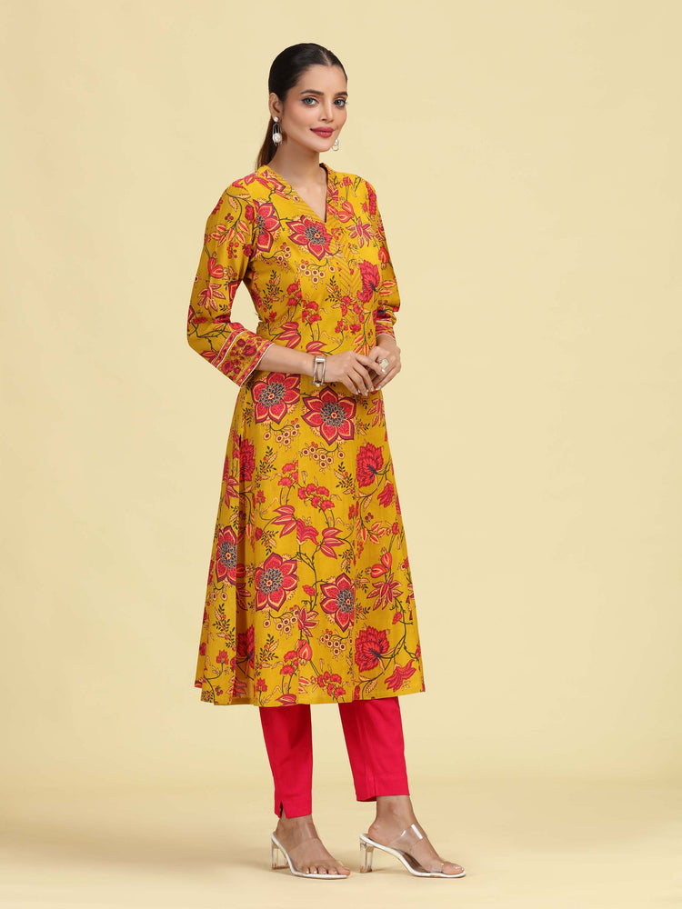 Mustard A-Line Floral Printed Cotton Kurta with Embroidered Sleeve Cuffs