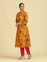 Mustard A-Line Floral Printed Cotton Kurta with Embroidered Sleeve Cuffs