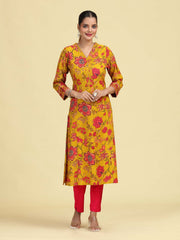 Mustard A-Line Floral Printed Cotton Kurta with Embroidered Sleeve Cuffs