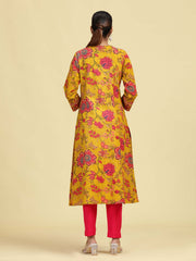 Mustard A-Line Floral Printed Cotton Kurta with Embroidered Sleeve Cuffs