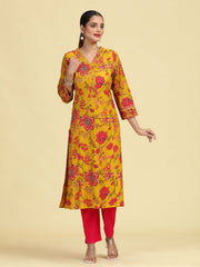 Mustard A-Line Floral Printed Cotton Kurta with Embroidered Sleeve Cuffs