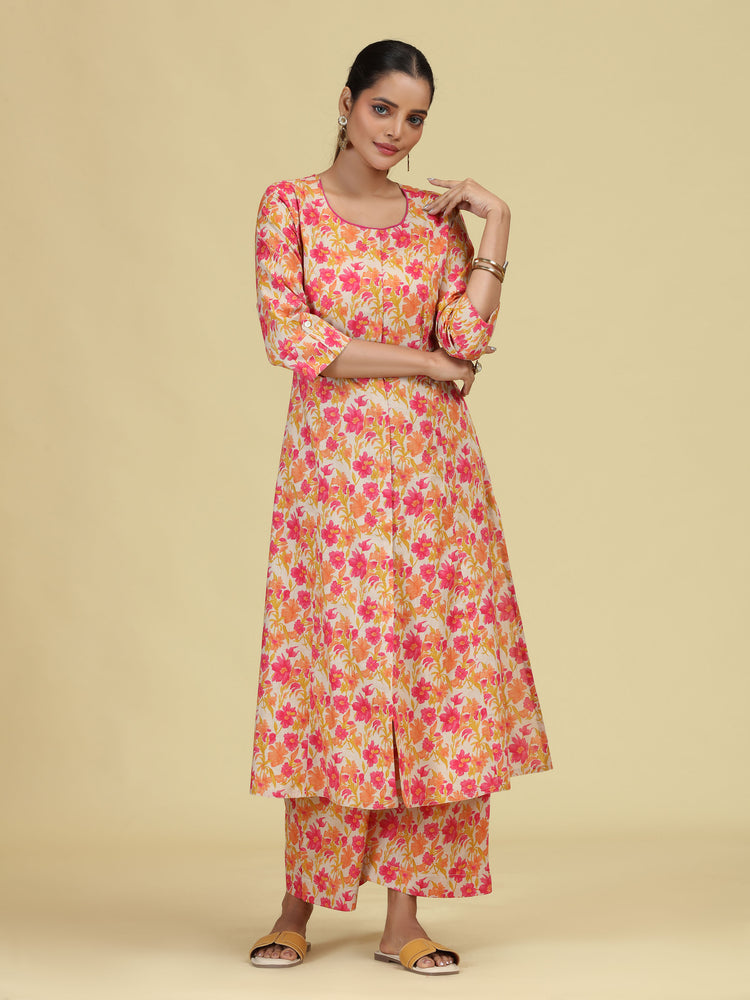 Off White & Yellow Pure Cotton Floral Printed Co-Ord Set