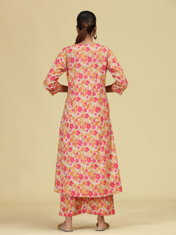 Off White & Yellow Pure Cotton Floral Printed Co-Ord Set