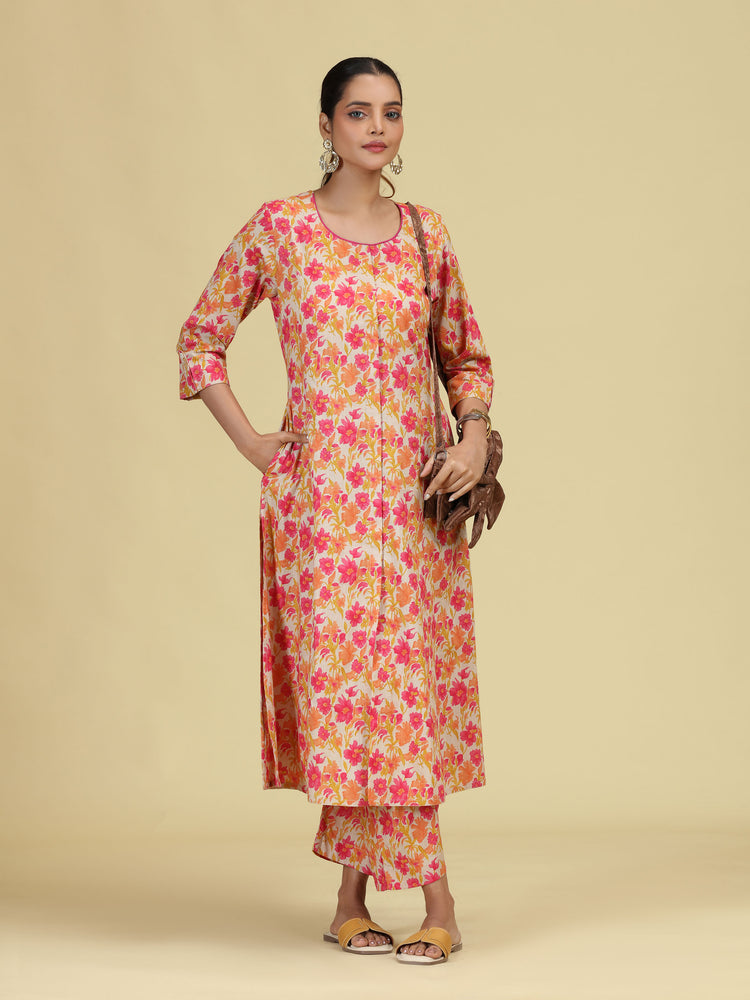 Off White & Yellow Pure Cotton Floral Printed Co-Ord Set