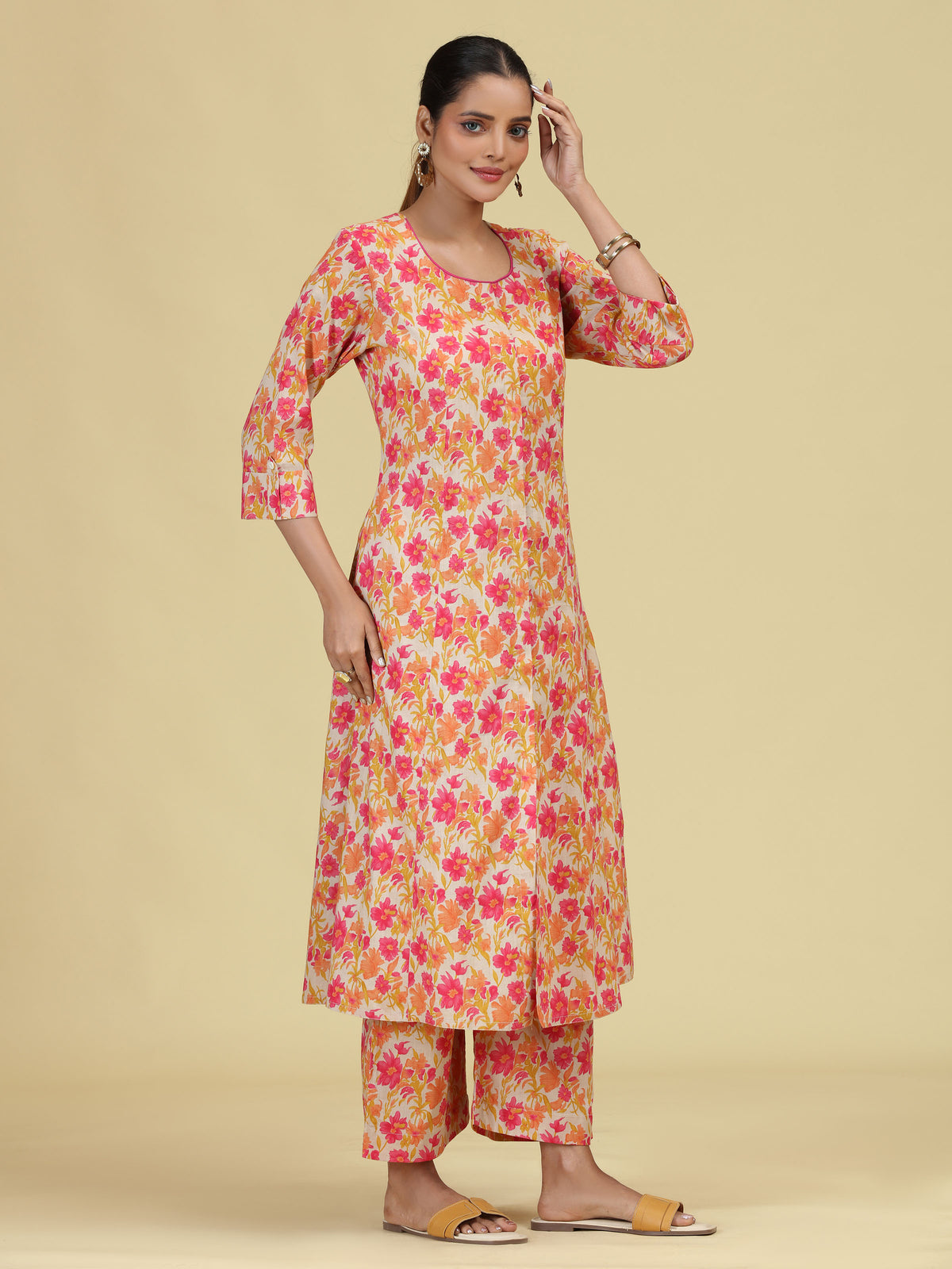 Off White & Yellow Pure Cotton Floral Printed Co-Ord Set