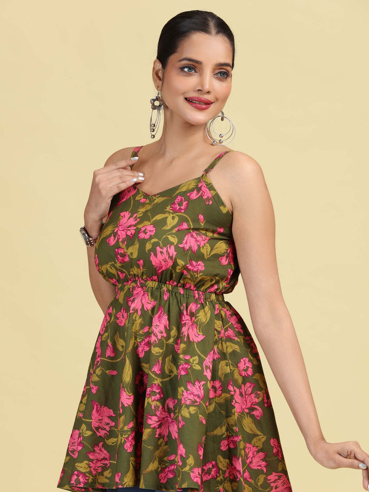 Olive Green Pure Cotton Floral Print Short Kurti