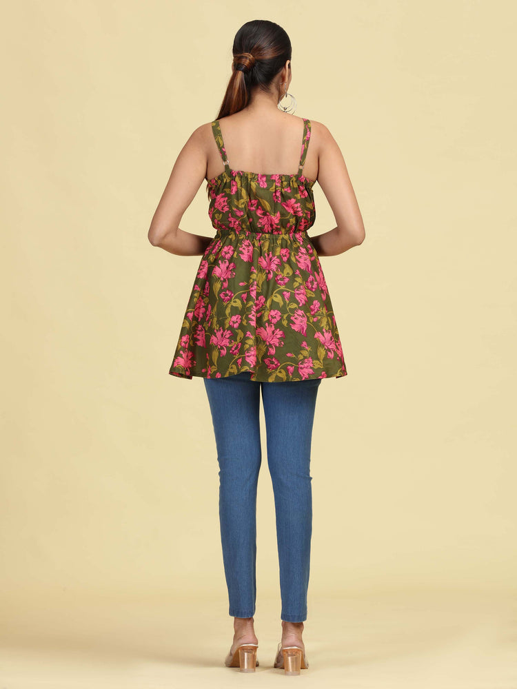 Olive Green Pure Cotton Floral Print Short Kurti