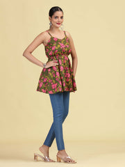 Olive Green Pure Cotton Floral Print Short Kurti