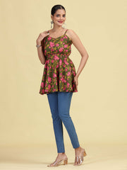 Olive Green Pure Cotton Floral Print Short Kurti