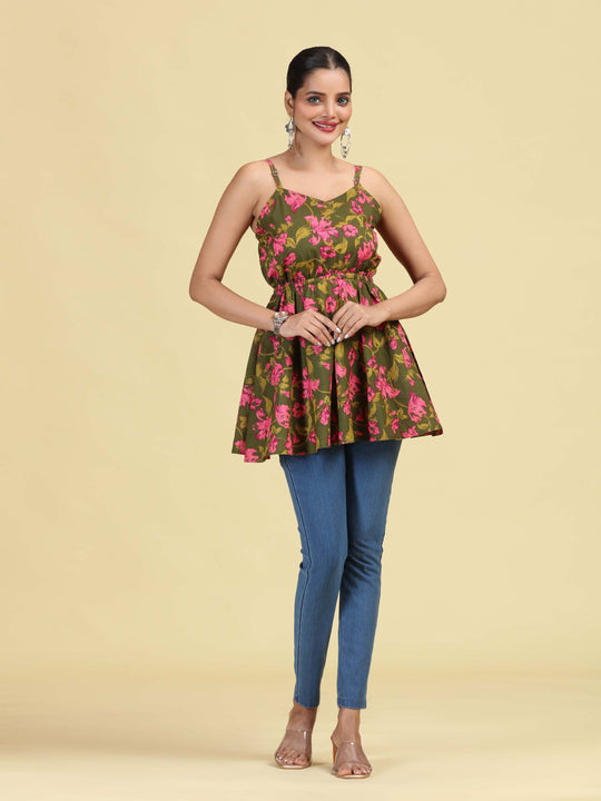 Olive Green Pure Cotton Floral Print Short Kurti
