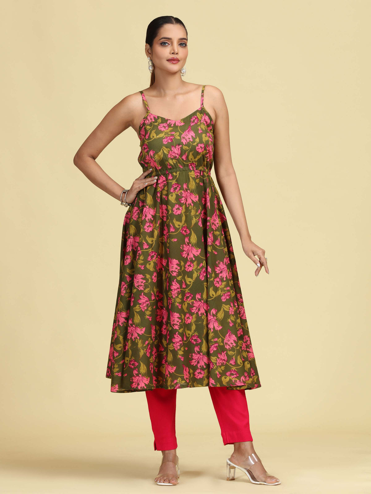 Olive Green Pure Cotton Floral Printed A-Line Kurta