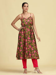 Olive Green Pure Cotton Floral Printed A-Line Kurta