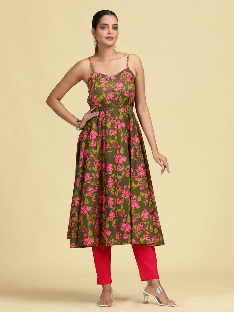 Olive Green Pure Cotton Floral Printed A-Line Kurta