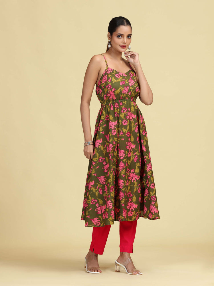 Olive Green Pure Cotton Floral Printed A-Line Kurta