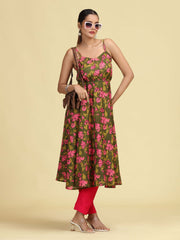 Olive Green Pure Cotton Floral Printed A-Line Kurta