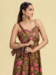 Olive Green Pure Cotton Floral Printed A-Line Kurta