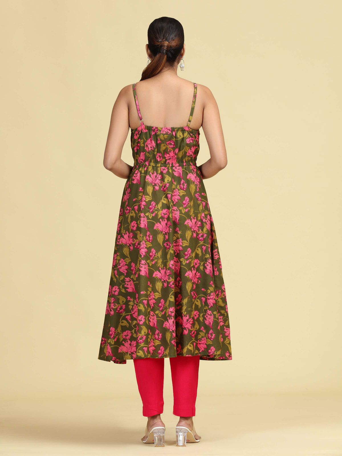 Olive Green Pure Cotton Floral Printed A-Line Kurta