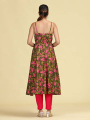 Olive Green Pure Cotton Floral Printed A-Line Kurta