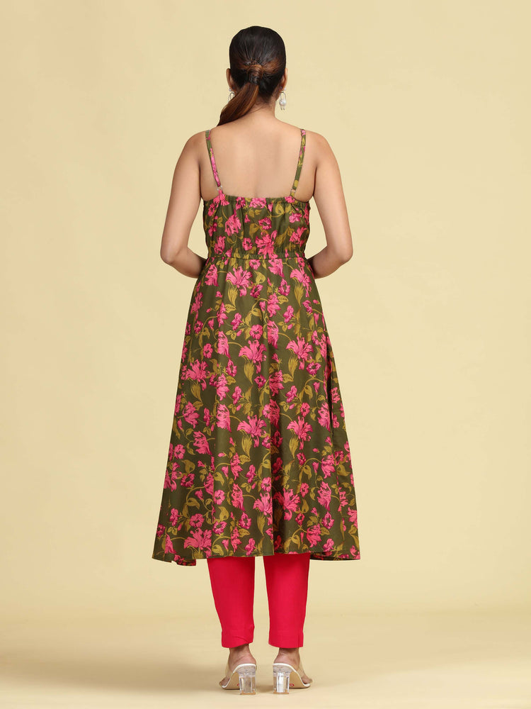 Olive Green Pure Cotton Floral Printed A-Line Kurta