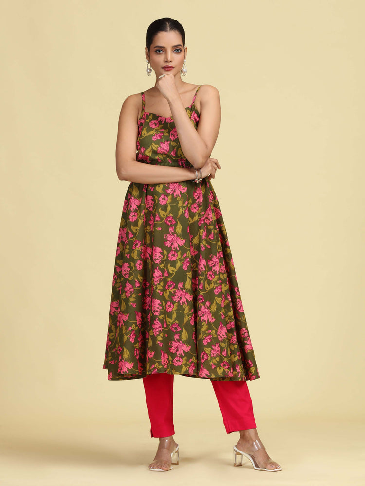 Olive Green Pure Cotton Floral Printed A-Line Kurta