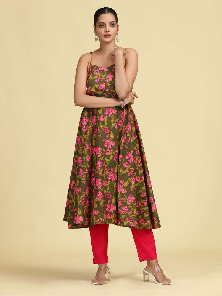 Olive Green Pure Cotton Floral Printed A-Line Kurta
