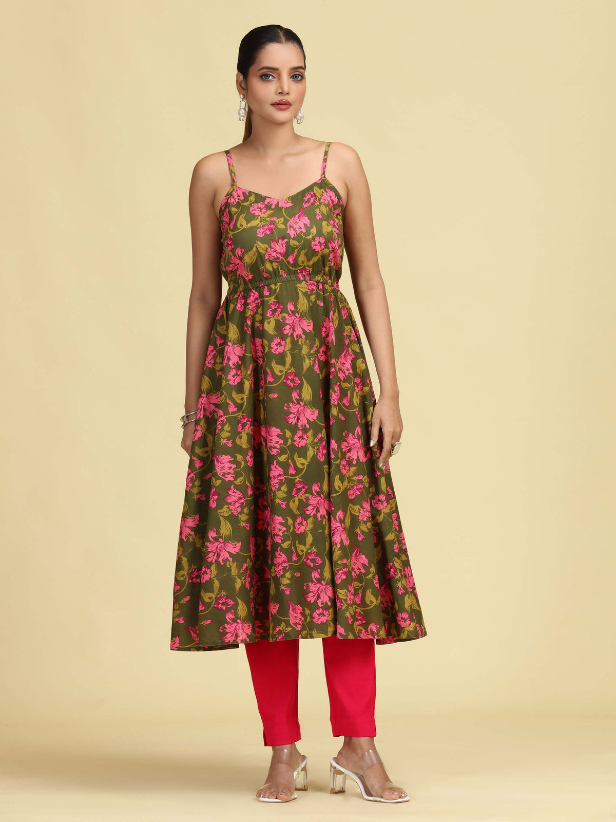 Olive Green Pure Cotton Floral Printed A-Line Kurta