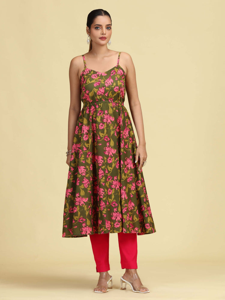 Olive Green Pure Cotton Floral Printed A-Line Kurta