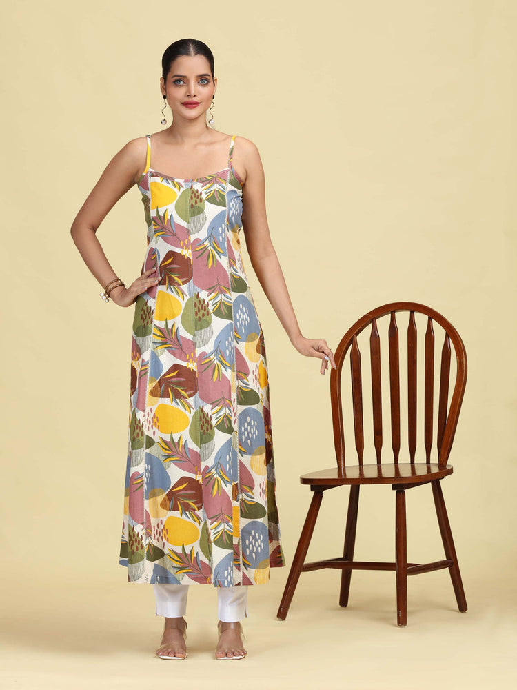Multicolored Floral Printed Sleeveless Cotton Kurta