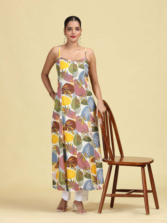 Multicolored Floral Printed Sleeveless Cotton Kurta
