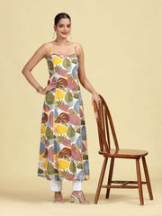 Multicolored Floral Printed Sleeveless Cotton Kurta