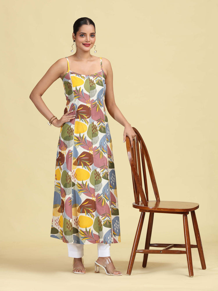 Multicolored Floral Printed Sleeveless Cotton Kurta