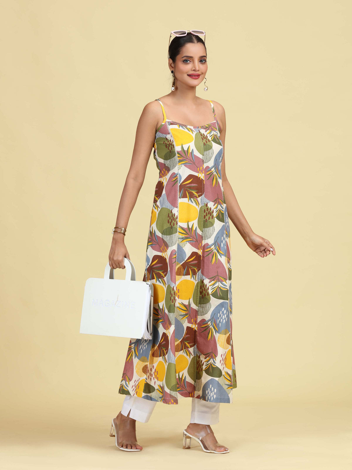 Multicolored Floral Printed Sleeveless Cotton Kurta