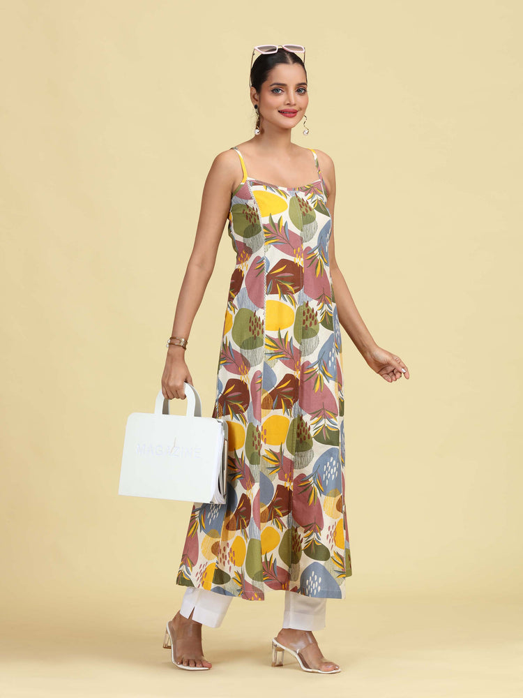 Multicolored Floral Printed Sleeveless Cotton Kurta