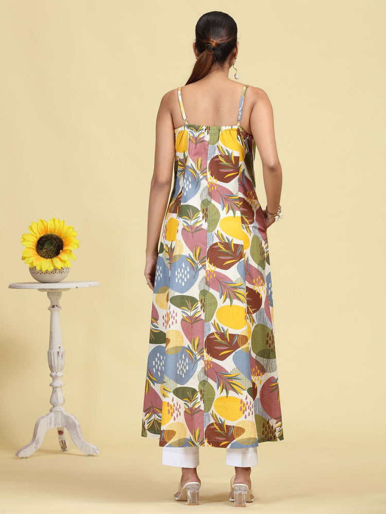 Multicolored Floral Printed Sleeveless Cotton Kurta