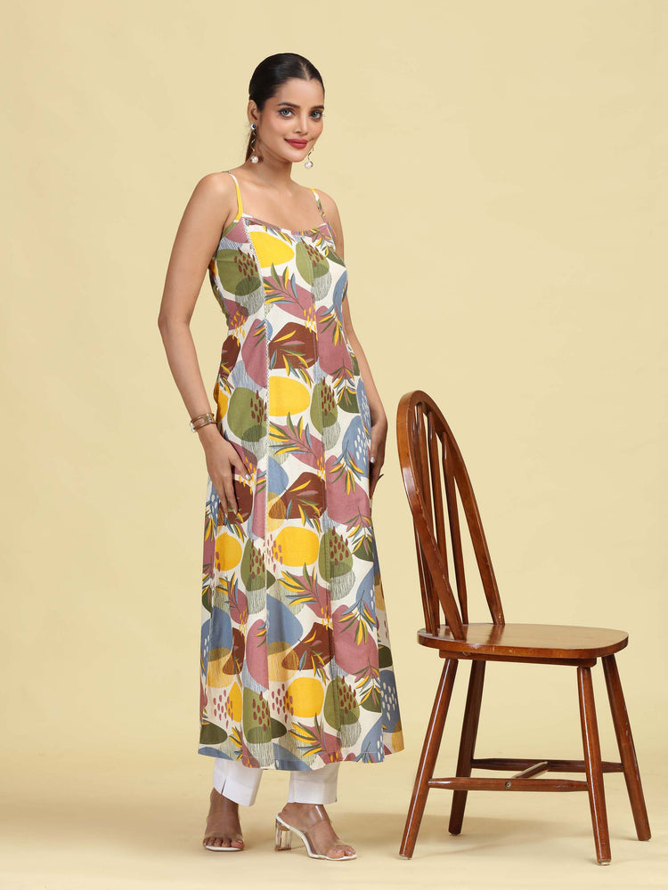 Multicolored Floral Printed Sleeveless Cotton Kurta