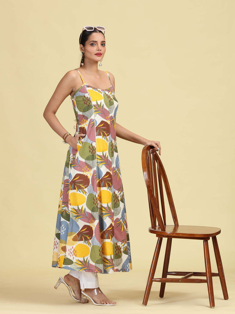 Multicolored Floral Printed Sleeveless Cotton Kurta
