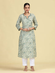 Off White & Green Printed Pure Cotton A-Line Kurta