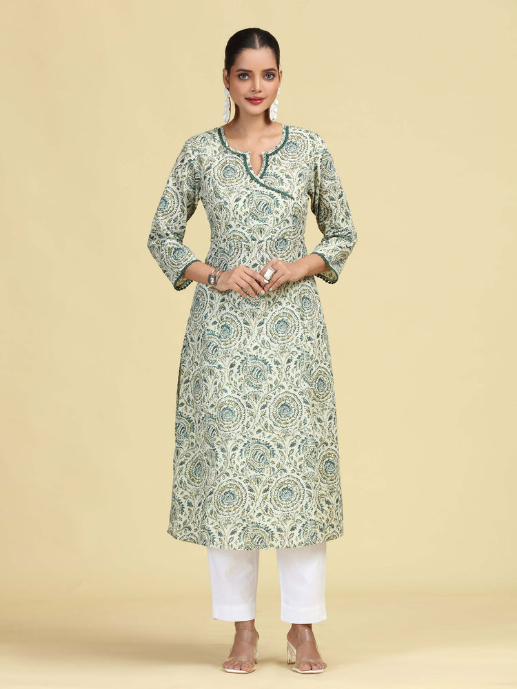 Off White & Green Printed Pure Cotton A-Line Kurta