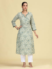 Off White & Green Printed Pure Cotton A-Line Kurta