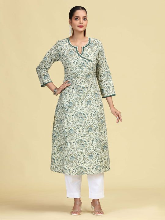 Off White & Green Printed Pure Cotton A-Line Kurta