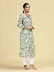 Off White & Green Printed Pure Cotton A-Line Kurta