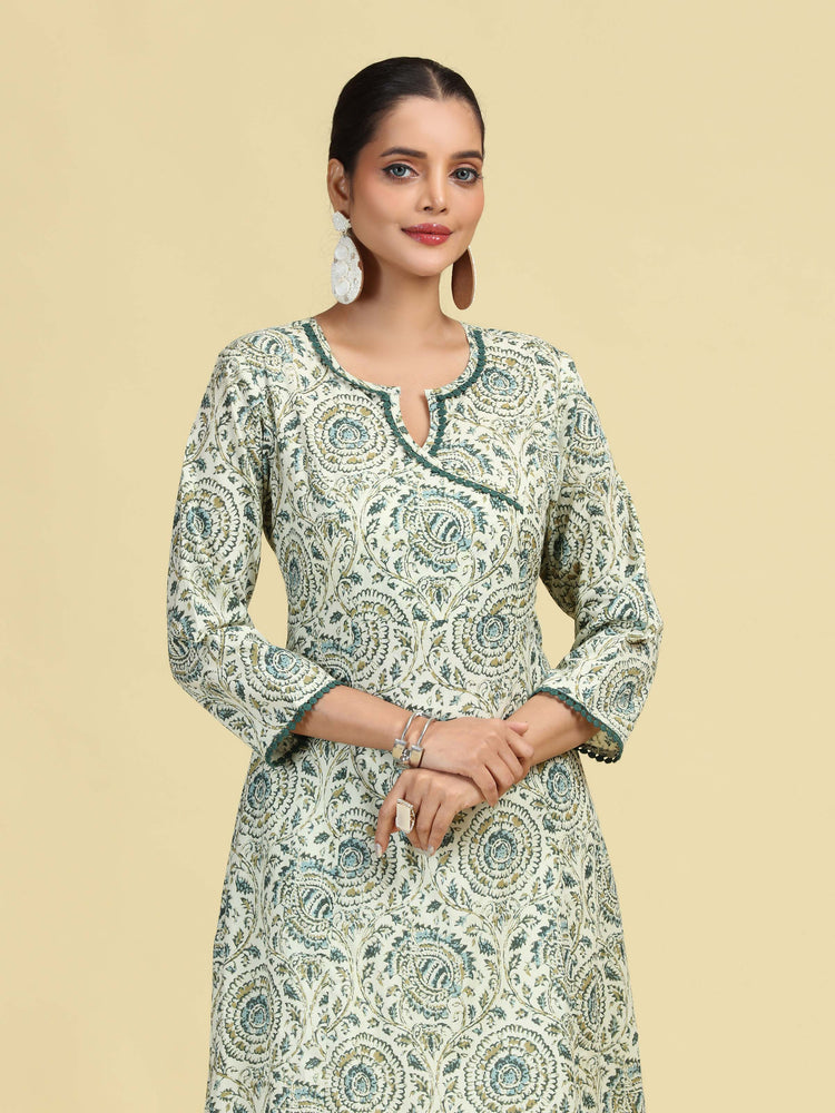 Off White & Green Printed Pure Cotton A-Line Kurta